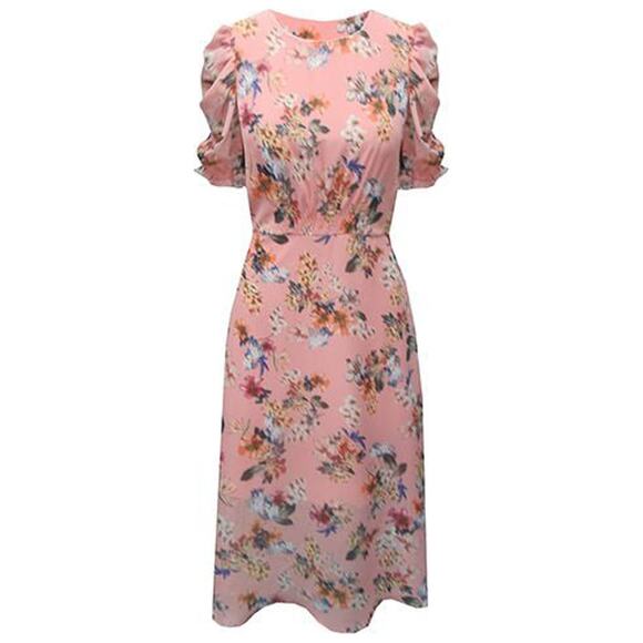 Vince Camuto Pink Blush Floral Ruched Chiffon Dress Size 2 - Picture 1 of 3
